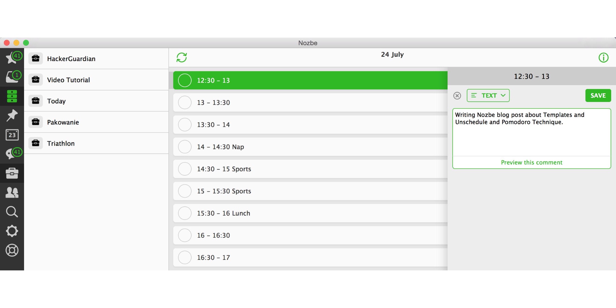 Unschedule in Nozbe in action